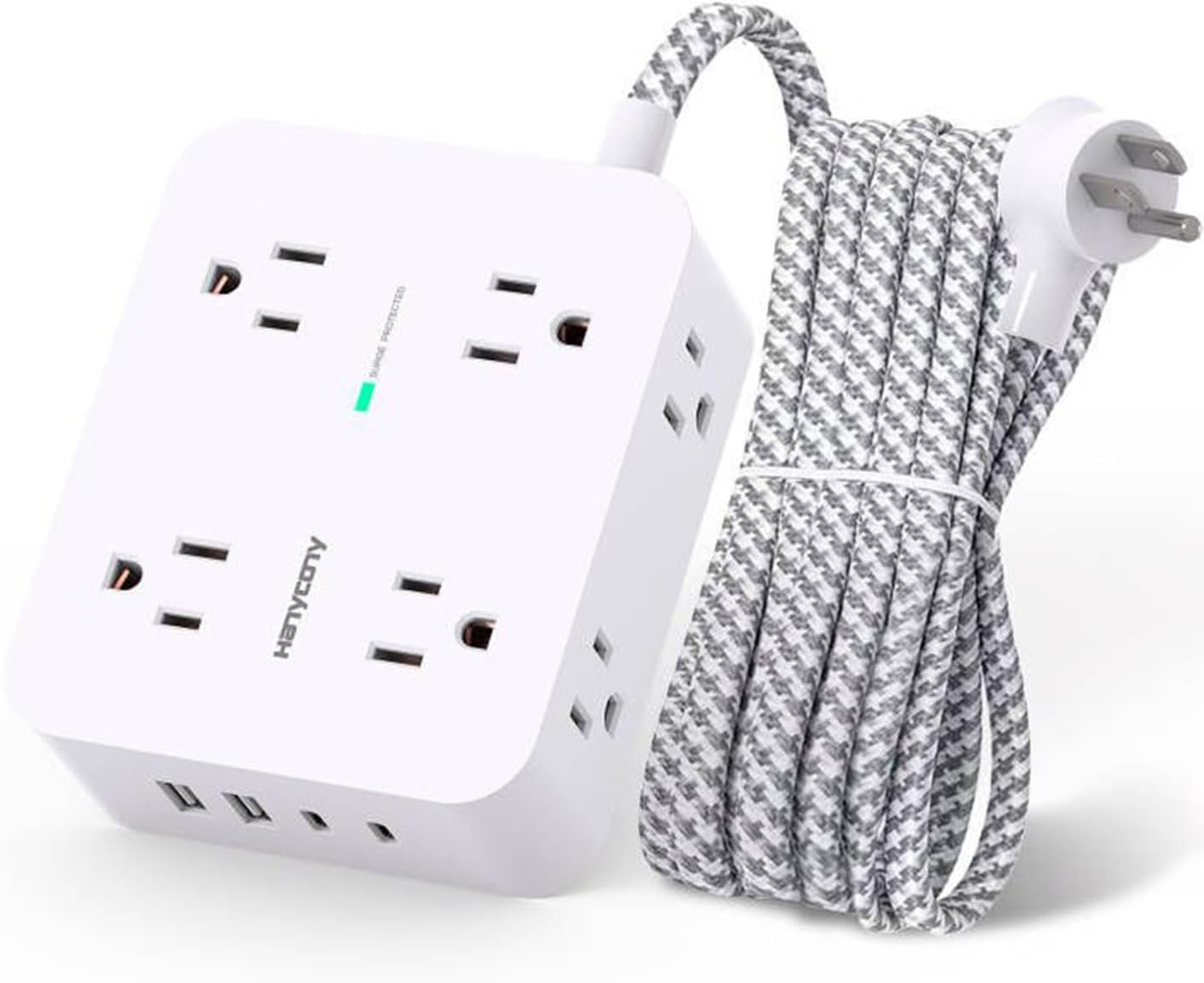 Surge Protector Power Strip – HANYCONY 8 Outlets 4 USB (2 USB C) Charging Ports, Multi Plug Outlet Extender, 5Ft Braided Extension Cord, Flat Plug Wall Mount Desk Charging Station for Home Office ETL