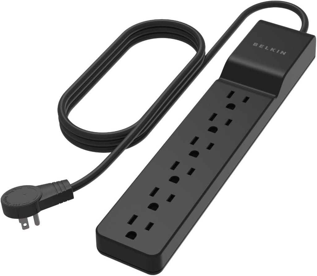 Belkin Surge Protector Power Strip with 6 AC Outlets, 6ft/1.8M Long Heavy-Duty Extension Cord, & 360-Degree Rotating AC Plug for Conference Rooms, Computer Desktops, & More – 600 Joules of Protection