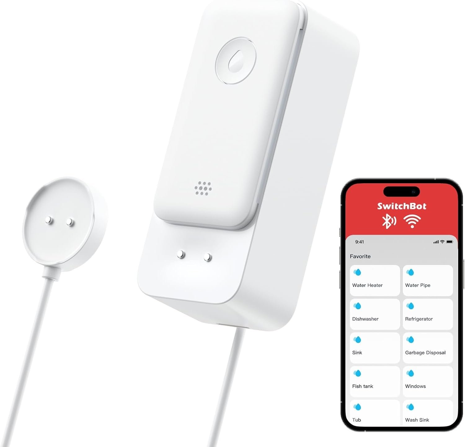 SwitchBot WiFi Water Leak Detector, Smart Water Sensor with 100dB Adjustable Alarm&App Alerts, IP67 Waterproof, Detector for Home with Cable, No Hub Required (Support 2.4G) (White, Pack, 1)