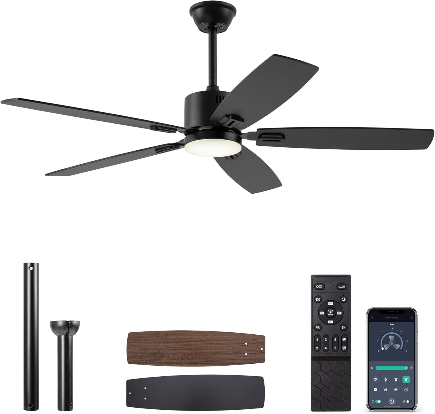 SUNMORY 52″ Ceiling Fans with Lights, Smart Ceiling Fan with APP and Remote Control, Reversible DC Motor, Noiseless, Stepless Dimmable, Modern Ceiling Fan for Indoor/Outdoor Use, Black
