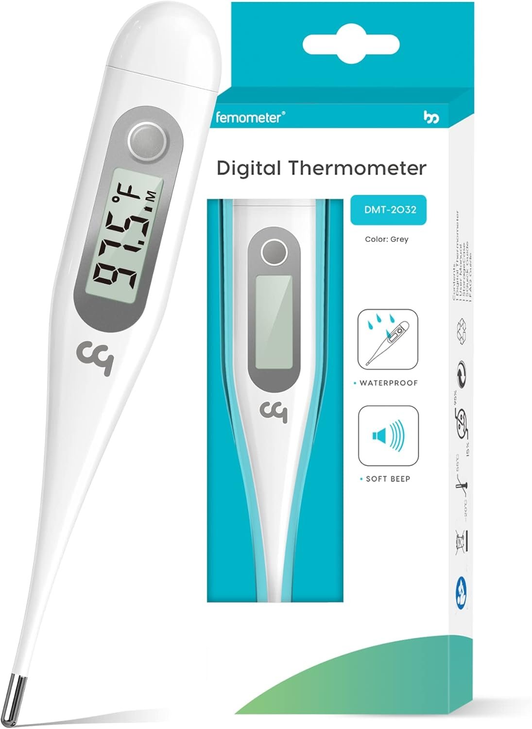 Femometer Thermometer for Adults and Kids, Digital Thermometer with Fever Alert, Memory Recall, C/F Switchable, for Oral, Rectal or Under Arm Use, Grey