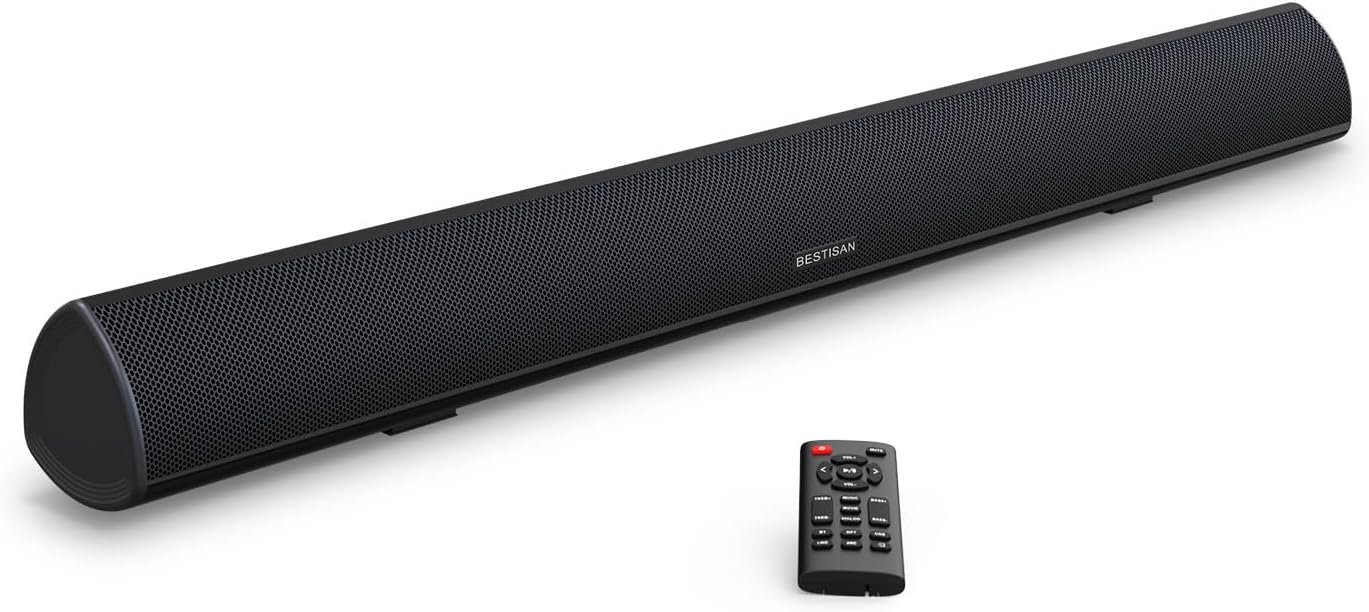BESTISAN Soundbar, TV Sound Bar with Wired HDMI and Wireless Bluetooth 5.0 Home Theater System (28 Inch, Enhanced Bass Technology, 3-Inch Drivers, Bass Adjustable, Wall Mountable, DSP)