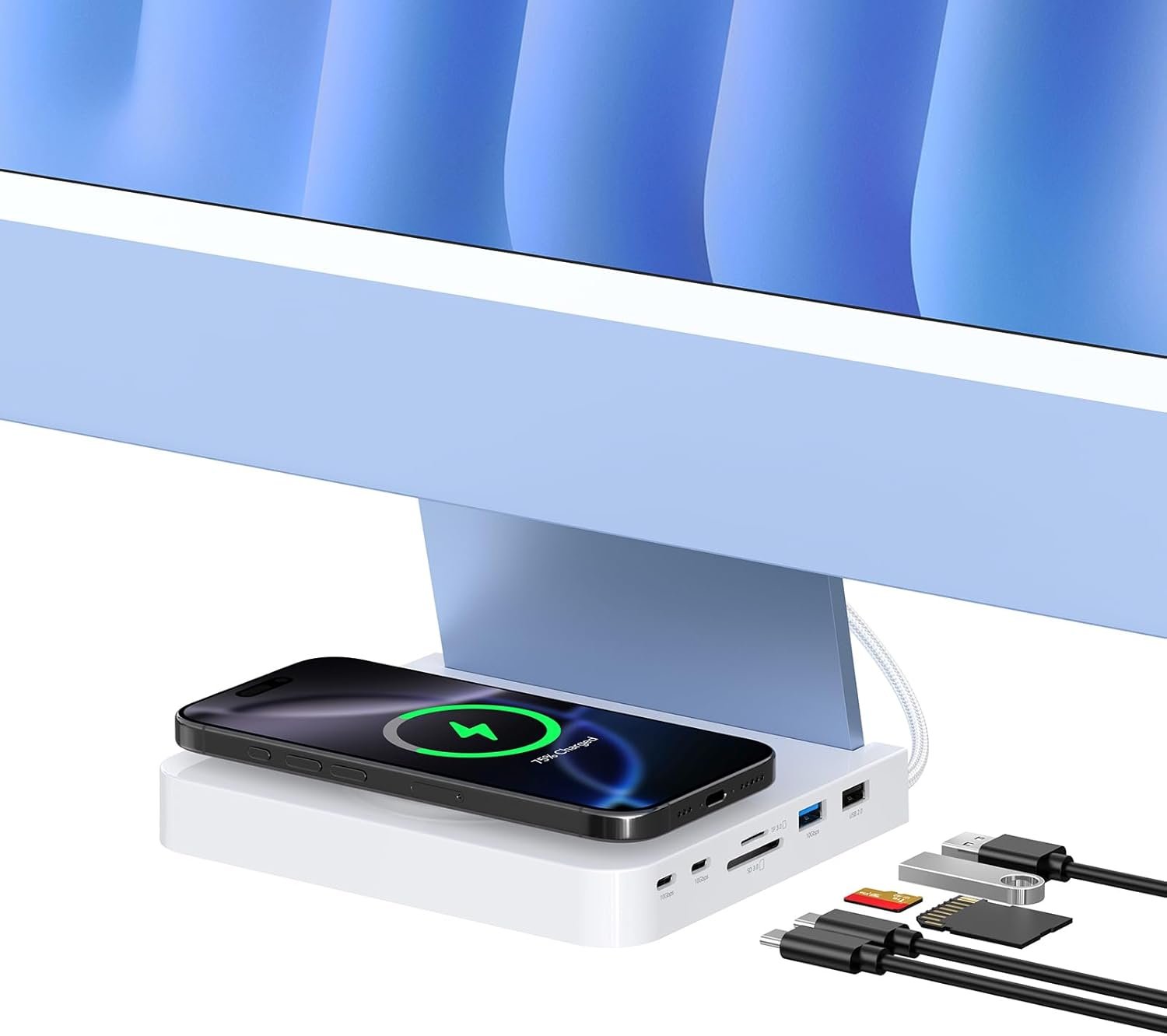 Gewokliy USB C Hub for iMac 24-inch 2021/2023/2024, 10Gbps USB-C*2 & USB-A, SD/TF Reader, 15W Wireless Charge, Accessory Adaptor for iMac M1 M2 M4