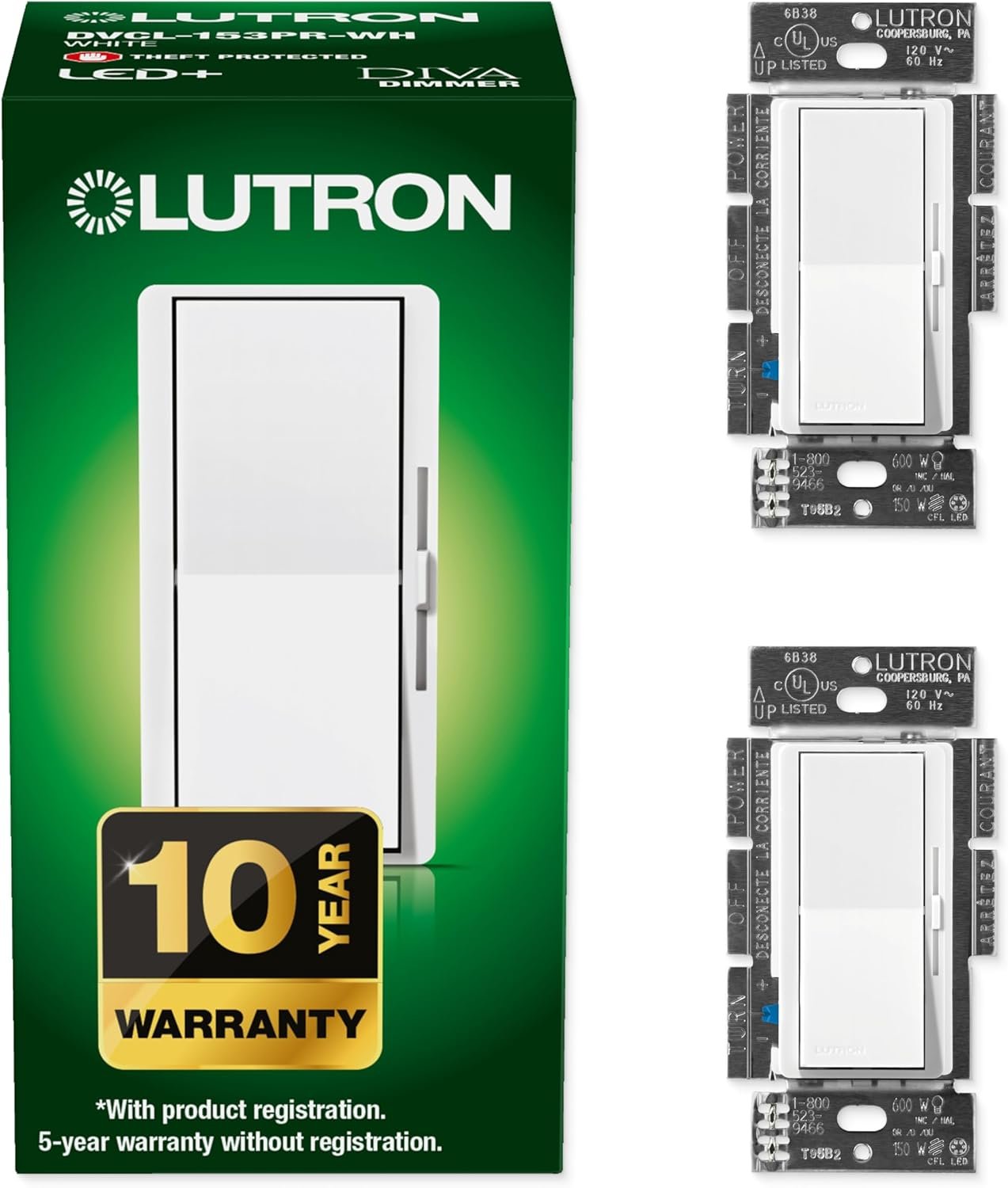 Lutron Diva LED+ Dimmer Light Switch for Dimmable LED, Halogen, and Incandescent Bulbs, 150 Watt, Single-Pole or 3-Way, DVCL-153P-WH, White (2-Pack)