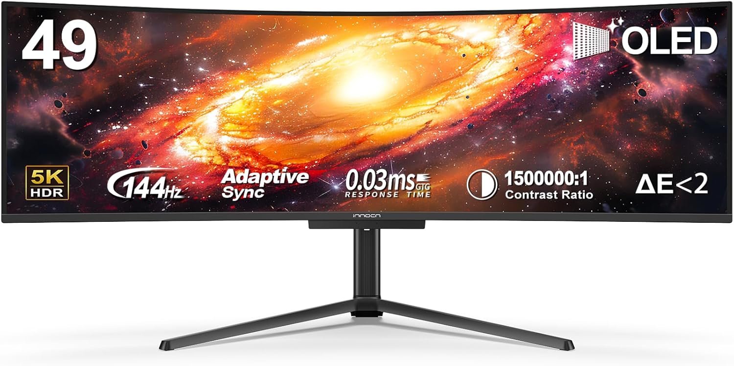INNOCN 49″ OLED Ultrawide Curved Monitor 5K2K 5120 x 1440p 144Hz, 0.03ms, AI PC Computer Monitor, USB Type C 90W, HDMI 2.1, DisplayPort, USB Hub, Speakers, Adaptive-Sync, Adjustable Stand, Black