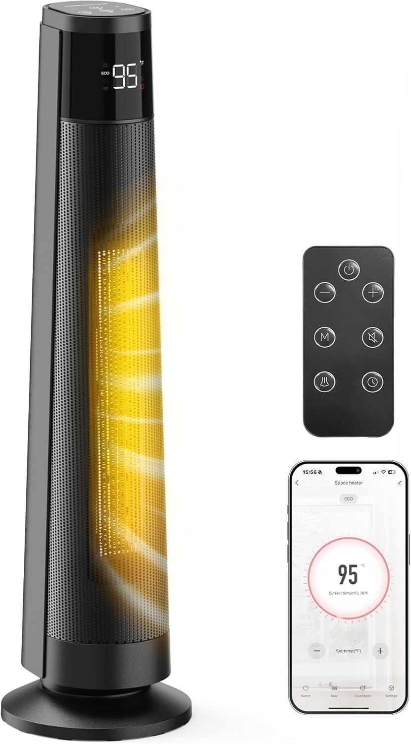 FLANUR 1500W Space Heaters for Indoor Use Large Room, WIFI Electric Heater with Voice Control, 5 Modes, ECO Thermostat, 12H Timer, Quiet & Safety PTC Ceramic Heater for Bedroom, Black, 1 Pack