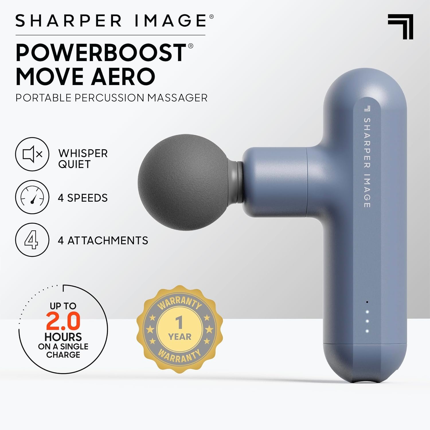 Sharper Image Powerboost Move Aero 3.0 – Mini Percussion Massage Gun| Updated Soft-Touch Design, Carrying Bag, 4 Nodes| Portable Full Body Back & Shoulder Massager| Deep Tissue Massage Tool Gift